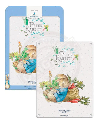 Peter Rabbit asleep next to radish sack metal sign