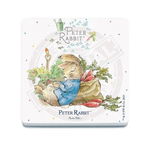 Peter Rabbit asleep next to radish sack metal sign