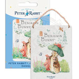 Peter Rabbit Benjamin Bunny holding blanket metal dangler sign