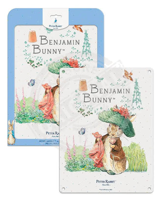 Peter Rabbit Benjamin Bunny holding blanket metal sign