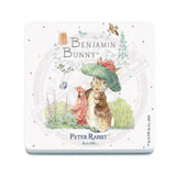 Peter Rabbit Benjamin Bunny holding blanket melamine coaster