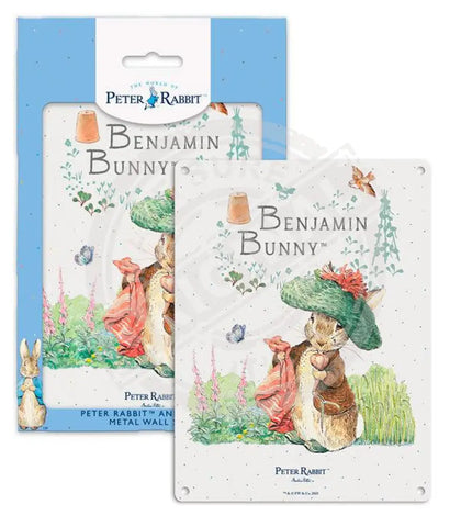 Peter Rabbit Benjamin Bunny holding blanket metal sign