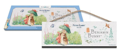 Peter Rabbit Benjamin Bunny holding blanket metal sign