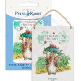 Peter Rabbit Benjamin Bunny holding radishes metal dangler sign