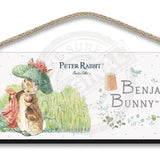 Beatrix Potter Peter Rabbit Benjamin Bunny with blanket hanging wooden sign