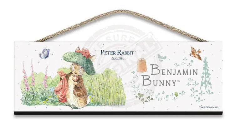 Beatrix Potter Peter Rabbit Benjamin Bunny with blanket hanging wooden sign