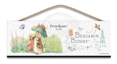Beatrix Potter Peter Rabbit Benjamin Bunny with blanket hanging wooden sign