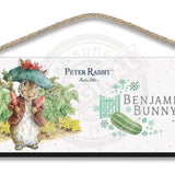 Beatrix Potter Peter Rabbit Benjamin Bunny holding radishes hanging wooden sign