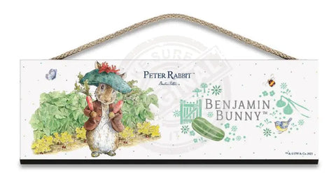 Beatrix Potter Peter Rabbit Benjamin Bunny holding radishes hanging wooden sign