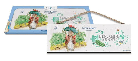 Beatrix Potter Peter Rabbit Benjamin Bunny holding radishes hanging wooden sign