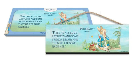 Beatrix Potter Peter Rabbit sitting eating lettuce and radishes hanging wooden sign