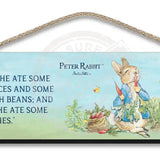 Beatrix Potter Peter Rabbit sitting eating lettuce and radishes hanging wooden sign