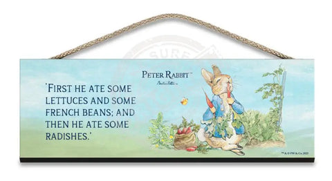 Beatrix Potter Peter Rabbit sitting eating lettuce and radishes hanging wooden sign