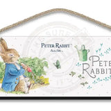 Beatrix Potter Peter Rabbit sitting eating radishes hanging wooden sign