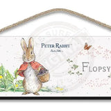 Beatrix Potter Peter Rabbit Flopsy with basket of blackberries hanging wooden sign