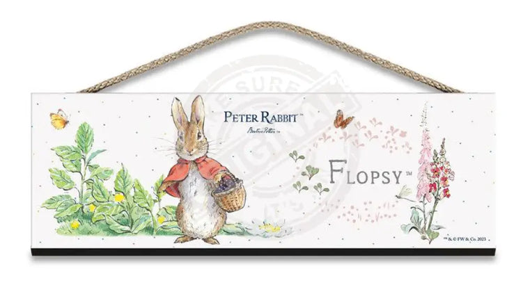 Beatrix Potter Peter Rabbit Flopsy with basket of blackberries hanging wooden sign