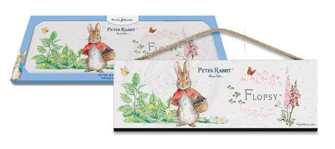 Beatrix Potter Peter Rabbit Flopsy with basket of blackberries hanging wooden sign