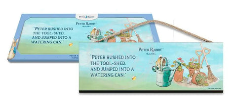 Beatrix Potter Peter Rabbit jumping into watering can hanging wooden sign