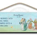 Beatrix Potter Peter Rabbit jumping into watering can hanging wooden sign