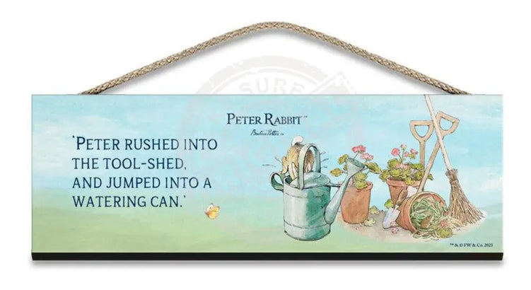 Beatrix Potter Peter Rabbit jumping into watering can hanging wooden sign