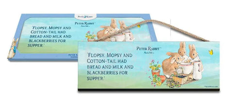 Beatrix Potter Peter Rabbit Flopsy eating milk and strawberries Bunnies hanging wooden sign