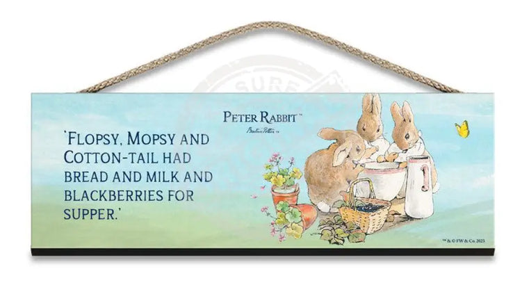 Beatrix Potter Peter Rabbit Flopsy eating milk and strawberries Bunnies hanging wooden sign