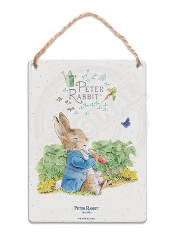 Peter Rabbit sitting eating radishes Mini Metal Sign 15cm x 20cm Metal Signs