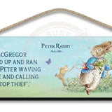 Beatrix Potter Peter Rabbit chased by Mr McGregor hanging wooden sign