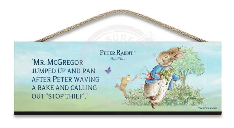 Beatrix Potter Peter Rabbit chased by Mr McGregor hanging wooden sign