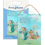 Beatrix Potter Peter Rabbit jumping into watering can metal dangler sign