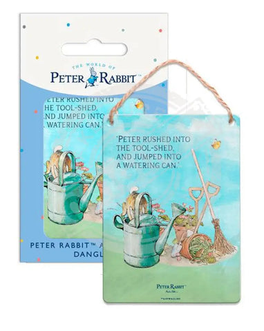 Beatrix Potter Peter Rabbit jumping into watering can metal wall sign