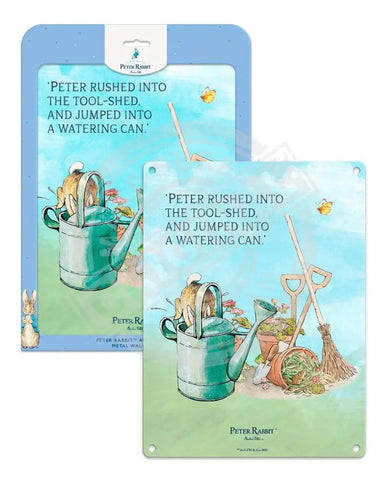 Beatrix Potter Peter Rabbit jumping into watering can metal wall sign