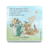 Beatrix Potter Peter Rabbit jumping into watering can melamine coaster