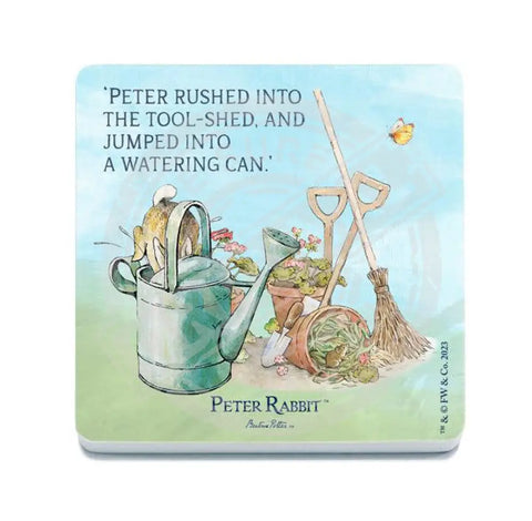 Beatrix Potter Peter Rabbit jumping into watering can metal wall sign