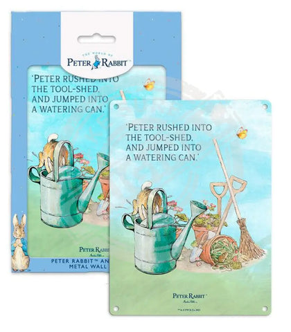 Beatrix Potter Peter Rabbit jumping into watering can metal wall sign