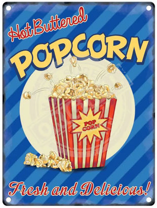 Hot buttered popcorn metal sign