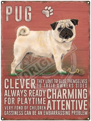 Pug dog characteristics metal sign