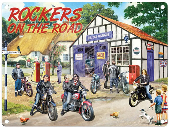 Rockers on the road metal sign