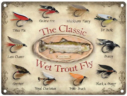 The classic wet trout fly metal sign