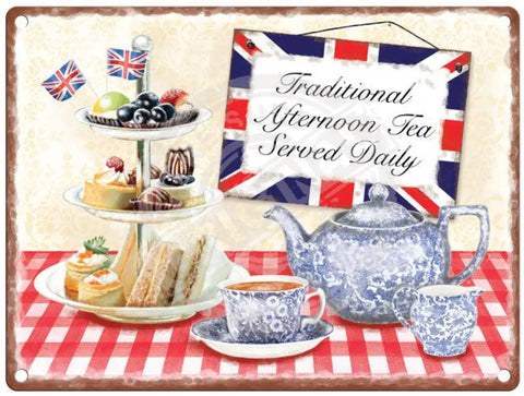 Traditional afternoon tea served daily metal sign