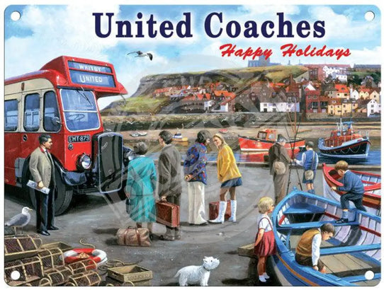 United Coaches happy holidays metal sign