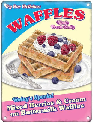 Waffles made fresh daily metal sign