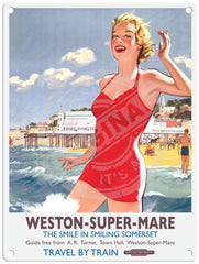 Weston Super Mare travel poster girl in sea metal sign