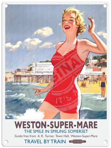 Weston Super Mare travel poster girl in sea metal sign