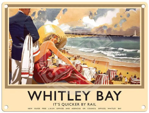 Whitley bay couple at beach scene metal sign