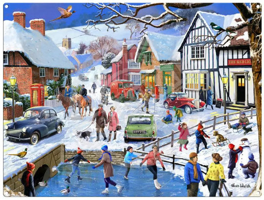 Winter in the Village by Kevin Walsh metal sign