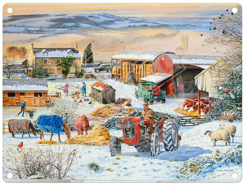 Trevor Mitchell Winter on the Farm Metal Sign