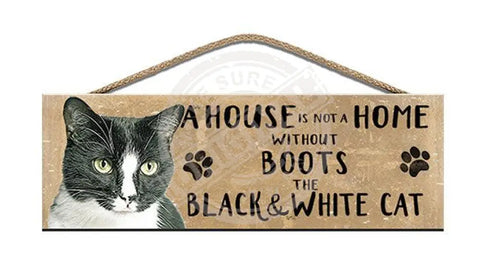 Personalised black and white cat wooden sign