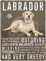 Yellow Labrador dog characteristics metal sign