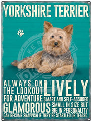 Yorkshire terrier dog characteristics metal sign